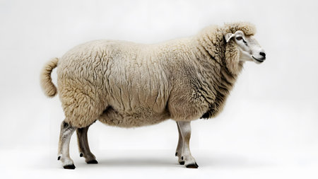 Facing showing a fluffy white sheep stands on a white background with its body facing left and...の写真素材