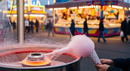 showing close-up of pink cotton candy being made at a colorful carnival. resolution...