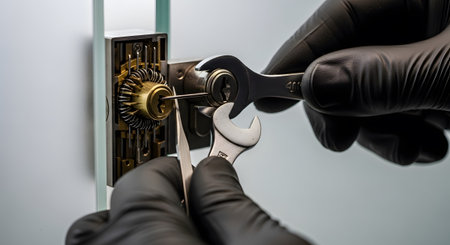 Stock showing close-up of hands in black gloves picking a lock with tools. resolution