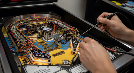 showing close up of hands repairing complex wiring and circuits inside a pinball machine....