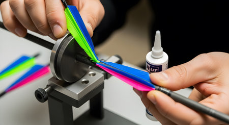 Green showing attaching bright blue and green fletching to an archery arrow with a jig and glue....