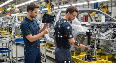 Automotive showing automotive factory workers use tablet and motion capture suit for car...
