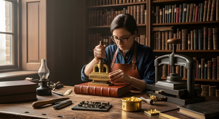 Press showing bookbinder using a press and gold leaf to embellish a leather book.