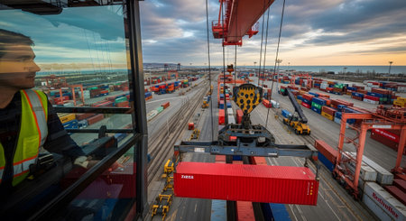 Shipping port showing crane operator overseeing cargo containers being loaded onto a ship at a...