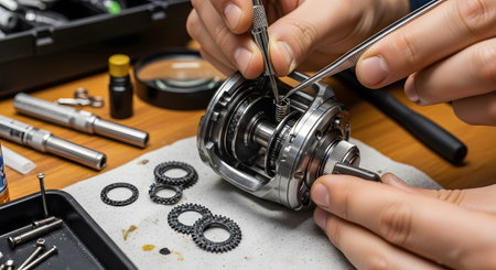 Fishing showing close up of hands assembling a fishing reel with tiny tools and gears.