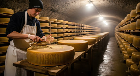 A man in an apron and hat brushes a large cheese wheel in a dimly lit cellar with rows of cheese.