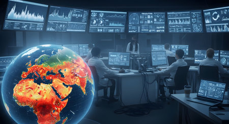 (2554) showing global monitoring center with earth hologram and teams working on computers.