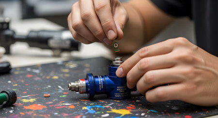 With showing close-up of hands assembling a small blue mechanical device with colorful o-rings...