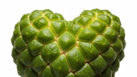 Extreme close-up of a green heart-shaped fruit revealing intricate hexagonal segments and a...