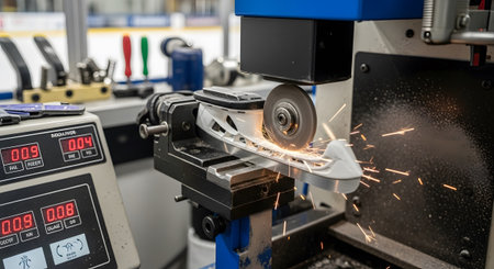 With showing close-up of ice skate blade being sharpened by a grinding wheel with sparks.