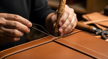 Close-up of skilled hands using a stitching awl to hand-sew a detailed seam on a rich brown...