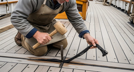 Caulking showing craftsman caulking a wooden boat deck with black and mallet. resolution...の写真素材