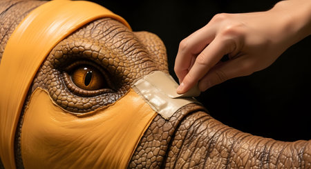 A human hand carefully places a band-aid on the textured snout of a brown dinosaur, highlighting...