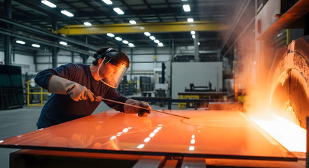 Glass showing glassblower working with molten glass sheet in industrial factory setting.