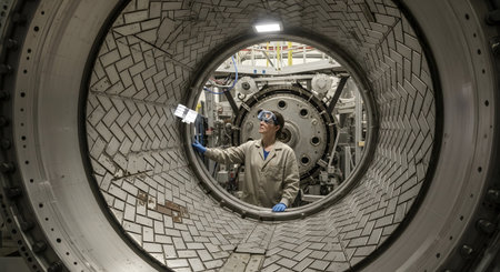 showing female technician examining a large jet engine component inside a manufacturing...