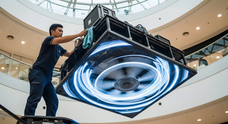 A man wipes a large suspended digital screen showing a blue swirling light effect....