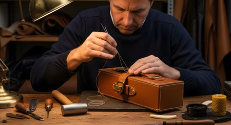 Case showing craftsman meticulously stitching a leather case with tools on a wooden workbench....