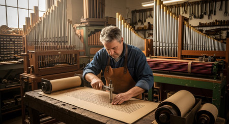 A craftsman carefully works on perforated organ music rolls with tools in a vintage workshop...