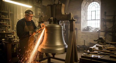 A man in an apron and safety glasses uses an angle grinder on a large bronze bell, creating a...