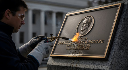 Craftsman applies heat with a blowtorch to a bronze memorial plaque featuring a presidential...