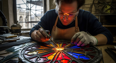 Light showing craftsman soldering stained glass window in workshop with warm light.の写真素材
