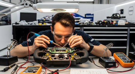 An engineer with glasses and safety goggles intently solders a circuit board with a soldering...