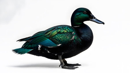 Shot showing dark black duck with iridescent emerald green feathers on white background...