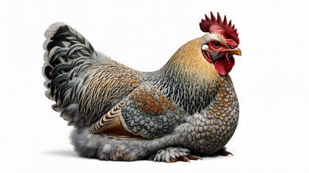 A detailed Wyandotte chicken sits on a white background, showcasing its intricate feather...