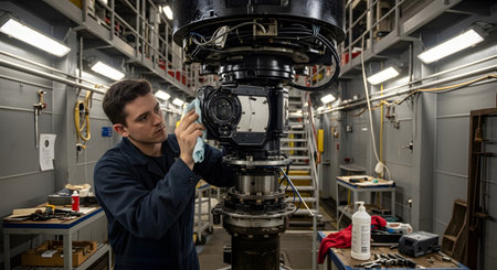 With showing engineer cleaning advanced sensor equipment on a ship with a cloth