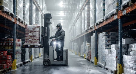 Storage showing forklift driver in a cold storage warehouse moving pallets of boxes between tall...