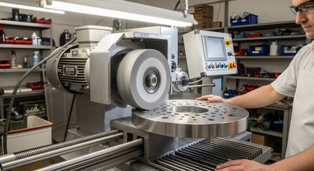 A person operates a large industrial grinding machine with a spinning metal disc and a control...