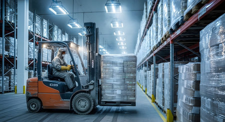 (28) showing forklift operator moving pallets of packaged goods in a cold storage warehouse....