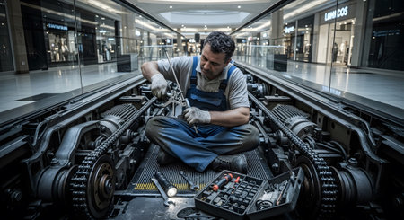 showing man in blue overalls working on escalator machinery with tools in a shopping mall....の写真素材