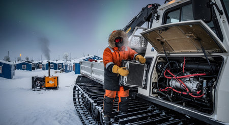 A person in a fur-hooded orange suit holds a car radiator near a snow vehicle engine in a snowy...