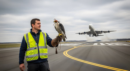 Falconer holds a peregrine falcon on his arm on an airport runway while a jet airplane takes flight.