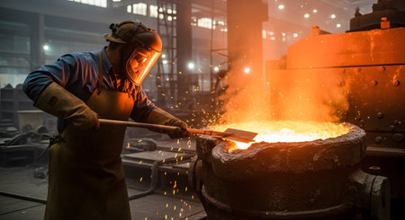 A person wearing protective gear stirs glowing molten metal in a hot industrial furnace, with...
