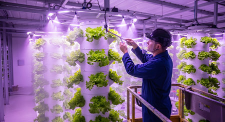 With showing farmer tending to vertical hydroponic lettuce farm with purple led grow lights....