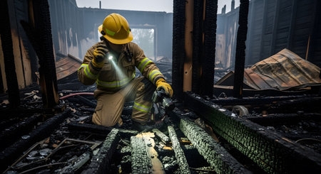 Firefighter showing firefighter in yellow helmet inspects charred building interior with...