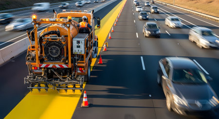 Highway showing highway road marking machine applying bright yellow line on asphalt with traffic...