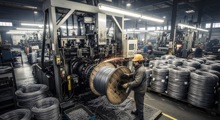 Worker showing industrial factory worker operating heavy machinery with large spools of wire and...
