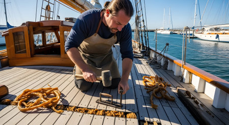 Caulking showing man caulking a wooden sailboat deck with rope and mallet outdoors.の写真素材