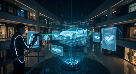 A man in a futuristic suit interacts with a glowing holographic car display in a busy shopping mall.