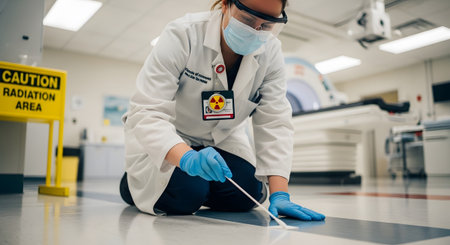 Worker showing healthcare worker in protective gear collecting sample in radiation area with...