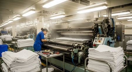 Linens showing industrial laundry machine operator working with large folding equipment and...