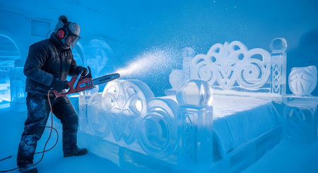 showing ice sculptor using a chainsaw to carve intricate details into an ice bed and...