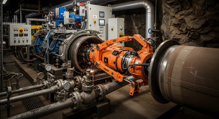 Underground showing industrial tunnel boring machine with robotic arms working on large pipe in...