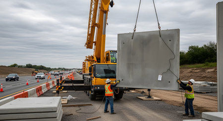 showing highway construction crane lifting large concrete slab with workers overseeing...