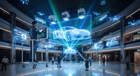 With showing man interacting with holographic car display in futuristic mall with drones and...