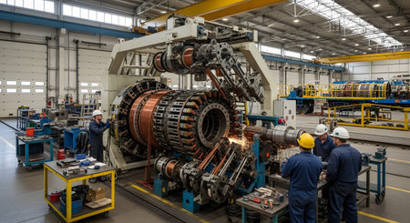 Workers showing industrial turbine engine assembly in a large manufacturing facility with...
