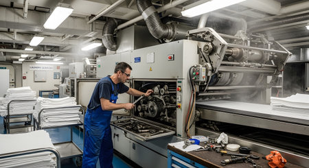 A man in blue overalls uses a wrench to repair a large industrial laundry machine amidst stacks...